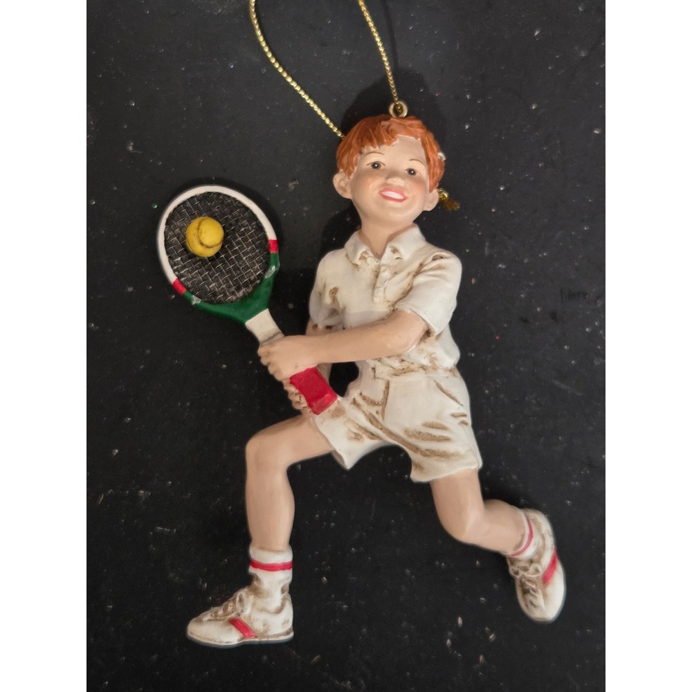 Vintage Style Tennis Boy Christmas Ornament Resin Red Hair Sport Figurine